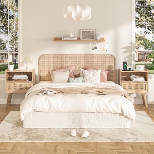 Lerliuo Rattan Nightstand with Charging Station, Boho Night Stand