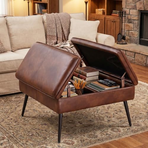 Square Ottoman with Storage Coffee Table Large Upholstered Cognac