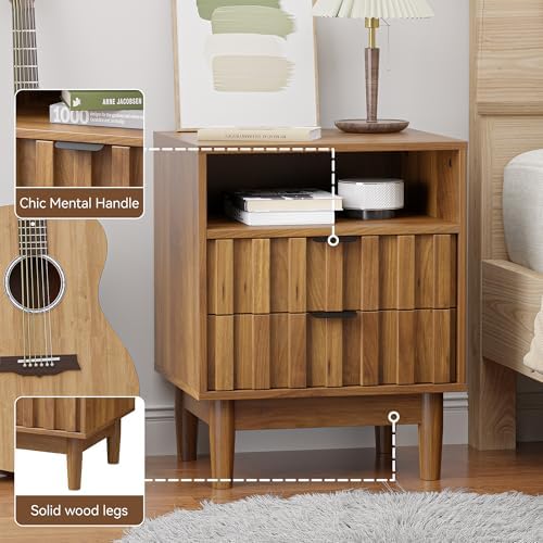 Fluted Nightstand Set of 2,Night Stand,Bedside Table,Walnut