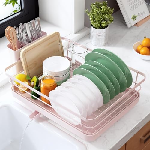 Kitsure Dish Drying Rack for Kitchen Counter, 12''W x 15.5''L, Pink
