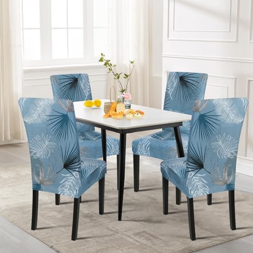 SearchI Summer Pattern Dining Room Chair Covers Set of 6, Stretch Printed Parsons Chair Slipcovers Spandex Removable Washable Kitchen Chair Protector Cover for Dining Room, Hotel, Ceremony (Blue)