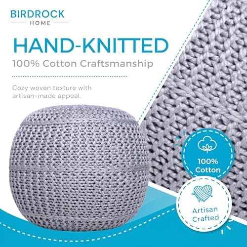 BIRDROCK HOME Round Pouf Foot Stool Ottoman - Knit Bean Bag Floor Chair - Cotton Braided Cord - Great for The Living Room, Bedroom and Kids Room - Small Furniture (Soft Silver)