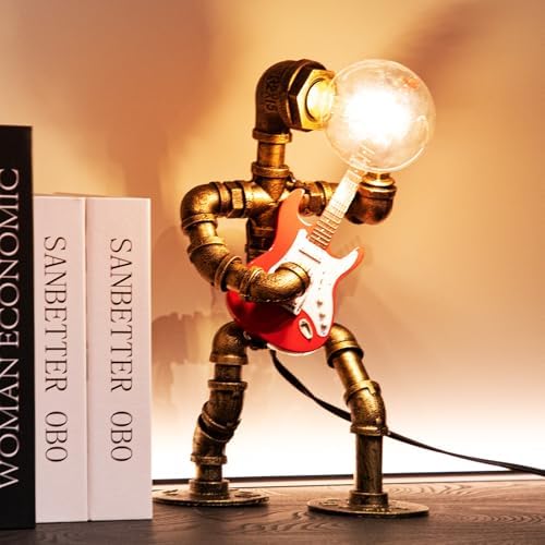Music Guitar Table Lamp Art Decor ，Steampunk Table Lamp,Retro Guitars Steampunk lamp,Cool Industrial Metal Tube Robot Lamp Guitar Stuff Present for Men Music Lovers