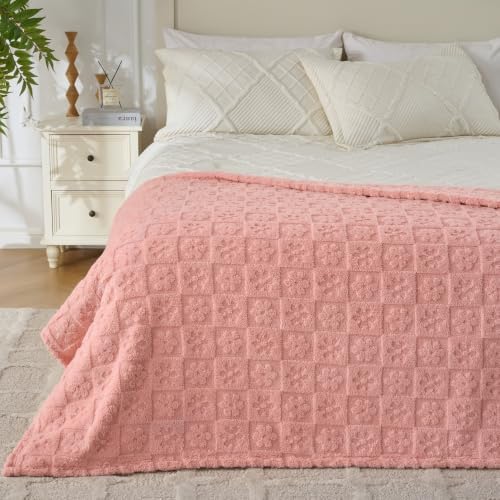 Pink Floral Plush Throw Blanket 50 x 60 Inch, Soft Fuzzy Fleece, Cozy Decorative Blanket for Couch, Sofa, Bed and Bedroom