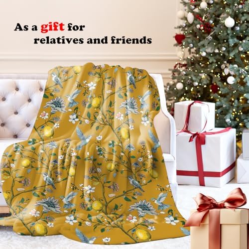 Mustard Yellow Lemon Bird Floral Throw Blanket for Couch, Cottagecore Home Decor, Chinoiserie Hummingbird Botanical Throw Blanket for Bedroom Living Room Home Decoration, 50x60 Inches