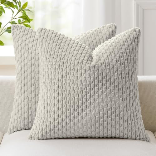Kevin Textile Soft Corduroy 26x26 Inch Pillow Covers 2 Pack, Light Grey