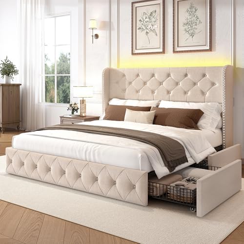 LARMACE Queen Size Bed Frame with LED Lights and 4 Storage Drawers Linen Upholstered Platform Bed Frame with 47.2" Tall Tufted Headboard Wingback, No Box Spring Needed, Easy to Assemble, Beige