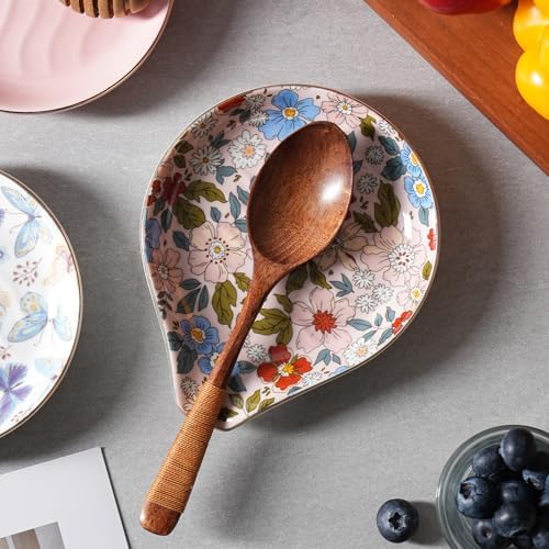 Ceramic Spoon Rest for Stove Top, 5 inch Gold Trim Spoon Holder for Kitchen Counter, Farmhouse Cooking Utensil Holder for Spoons, Ladles, Spatula, Vintage Pink Floral