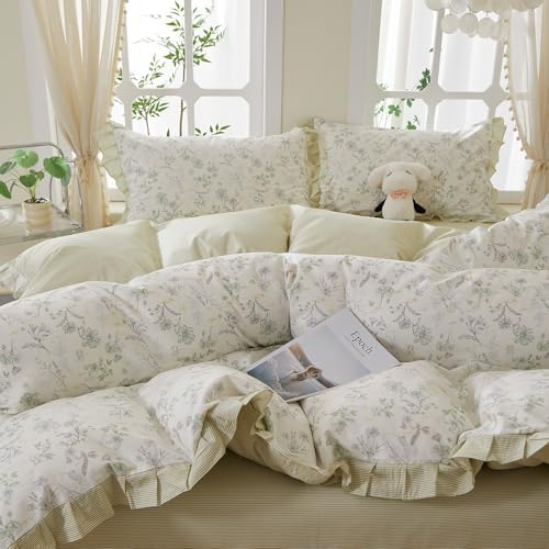 HighBuy Farmhouse 100% Cotton Duvet Cover Full Size,Lavender Floral Ruffle Lace Design Comforter Cover with 2 Pillowcases,Reversible Green Striped Duvet Cover Set Coquette Soft