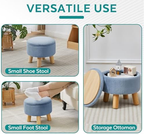 Small Foot Stool Ottoman with Storage, Soft Faux Fur Ottoman Foot Rest for Couch, Round Footstool with Storage, Small Ottomans and Footstools for Living Room and Entryway (Light Blue)