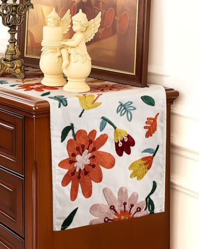 Canvas Embroidered Narrow 13"x 90" Table Runner, Colorful Flower