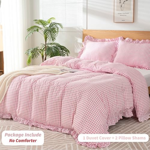 Gingham Duvet Cover King Size, 3 Pieces Soft Breathable Microfiber Plaid Duvet Cover with Zipper Closure & 2 Pillow Shams, Ruffle Farmhouse Vintage Decor, Pink