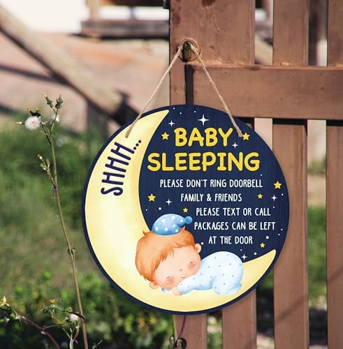 Shhh Baby Sleeping Hanging Sign, Moon Wooden Round Door Hanger For Baby Boy Room Front Door Nursery Kids Bedroom, Please Do Not Knock Or Ring Doorbell Sign For Outdoor Porch -03
