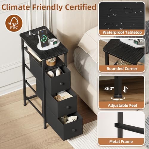 Somdot Narrow End Table with Charging Station, Side Table, 3 Drawers