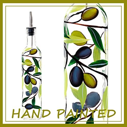 17oz Hand Painted Glass Olive Oil Bottle Dispenser- 500ml Green Oil & Vinegar Cruet with Pourers - Olive Oil Carafe Decanter for Kitchen (olive1)