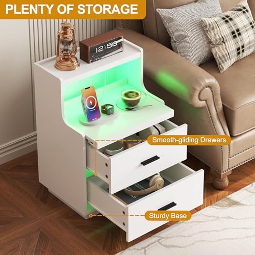 Yusong LED Nightstand Bedside Table with Charging Station 2 Drawers, Modern Sofa Couch End Side Table with LED Lights and Pull-Out Shelf for Bedroom, White