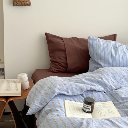 AOJIM Sky‑Blue & Warm‑Taupe Striped Duvet Cover Full 3Pcs Vintage Bedding