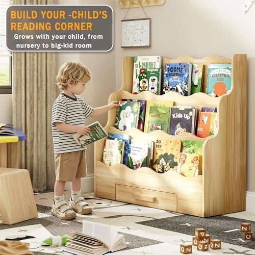 3-Tier Montessori Scalloped Kids Bookshelf with Drawer