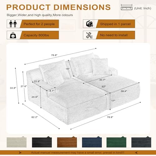 66" Chaise Lounge Chair Indoor, Corduroy Upholstered Reading Chair Oversized Boneless Chair with Deep Seat, Cloud Lounge Chair with 3 Pillows for Living Room, Bedroom, No Assembly Required
