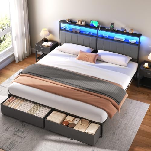 King Bed Frame with Storage Drawers and Charging Station, Grey