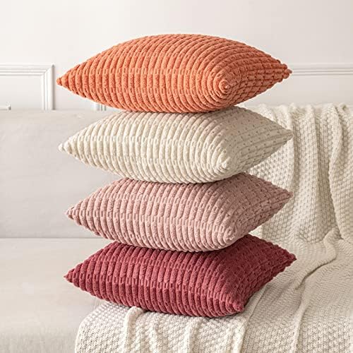 MIULEE Corduroy Decorative Throw Pillow Covers 18x18 Coral Pack of 2