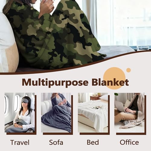 Throw Blanket for Couch,Camouflage Plush Fall Throw,Army Green Soft Fluffy Blanket for Sofa Decoration,Flannel Fleece Blanket for Naps,Reading,Traveling,Camping,50 X 60 Inch