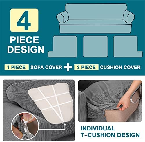 Turquoize 4 Piece T Cushion Sofa Slipcovers Stretch Couch Cover Furniture Covers with 3 Individual T Cushion Covers, Machine Washable (3 Cushion Sofa, Dove)