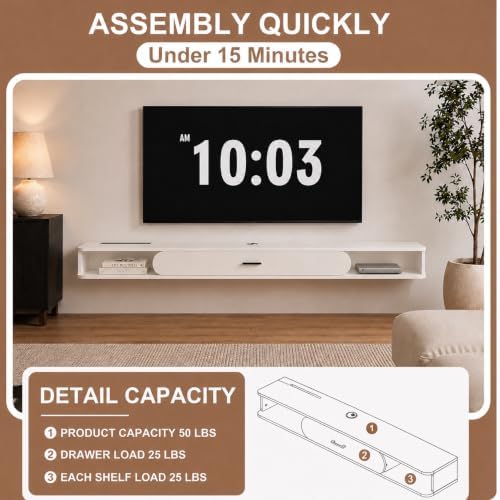 GHC Floating TV Stand, 75'' Wall Mounted TV Cabinet, Floating Shelves with Door, Media Console for DVD Player, Space-Saving Under TV Shelf for Bedroom & Living Room (White)
