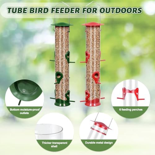 2 Packs Bird Feeder Tube Hanging Feeders, 6 Port Wild Bird Feeders Premium Hard Plastic with Steel Hanger Weatherproof and Water Resistant Great for Attracting Birds 18.2 Inches Large (Red + Green)