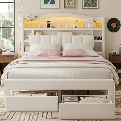 Kids LED Bed Frame with Storage Headboard & 2 Storage Drawers (Queen&Beige)