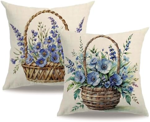 7COLORROOM 2Pack Blue Flower Pillow Covers Outdoor Garden Decoration Cushion Covers Farmhouse Rustic Colorful Spring Flower Home Décor Pillowcases 18x18 inch for Patio Sofa Bed(Blue)