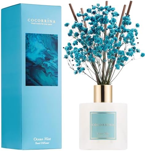 COCORRÍNA Reed Diffuser - Ocean Mist 6.7 Fl.oz Reed Diffuser Set with Sticks & Preserved Baby's Breath, Reed Diffuser for Home Bathroom Shelf Decor