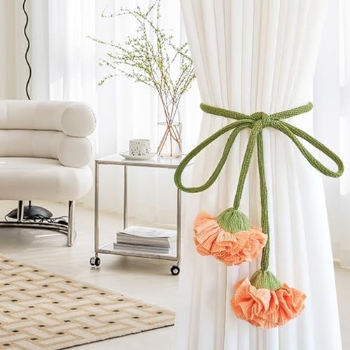 Handmade Curtains Tiebacks, Boho Flower Curtain Tie Backs Curtain Holder Tie Backs for Curtains Braided,Cute Flower Curtain Ties Decorative Rope for Bedroom Window Treatment (Orange)