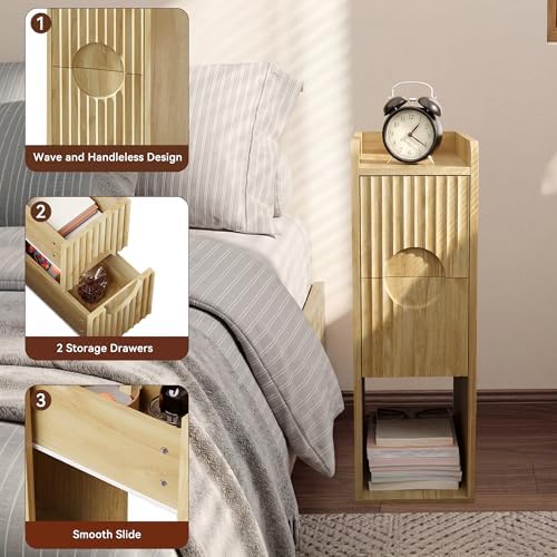 Narrow Nightstand Set of 2, Wood 2 Drawer Narrow Nightstand, Skinny Night Stand with Open Storage, Mid Century Modern Slim Bedside Table for Bedroom, Natural Oak