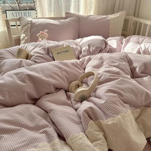 mixinni Purple White Gingham Duvet Cover Queen Size - 3 Piece Cottagecore Plaid Bedding Set with Lace Trim, Soft Washed Microfiber Vintage Aesthetic Grid Comforter Cover & Pillow Shams