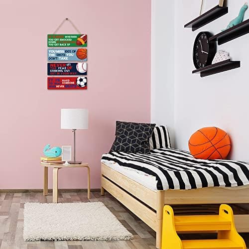 Sport Themed Wall Decor,Football Wood Sign(3.5"x12"),Inspirational Never Give Up Wooden Sign,Basketball Wood Hanging Wall Art For Boys Kids Room Playroom Nursery Decor(Modern style)
