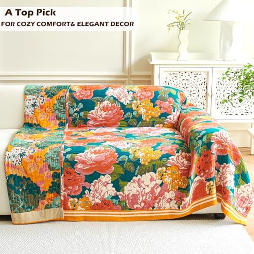 VANJOROY Boho Throw Blanket, 100% Organic Cotton Breathable Ultra Soft 80" x 90" Bed Quilt Throw - All Season Floral Rustic Farmhouse Decor Luxury Reversible Blanket for Sofa Couch Chair and Gift