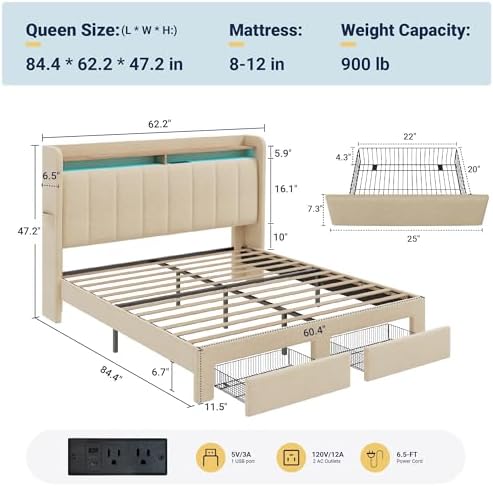 Allewie Queen Bed Frame with 2-Tier Storage Headboard & 2 Large Drawers