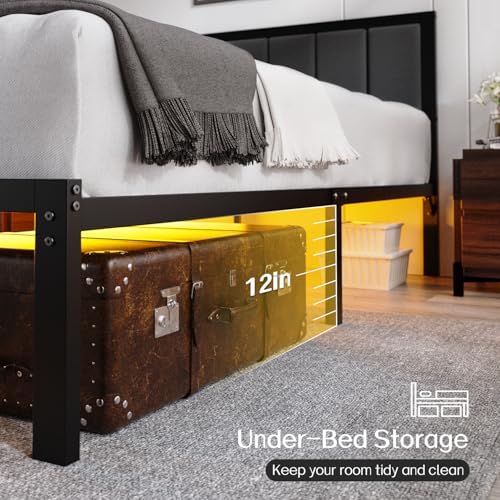 OLEVS Full Bed Frame with Headboard, Smart LED & Charging Station