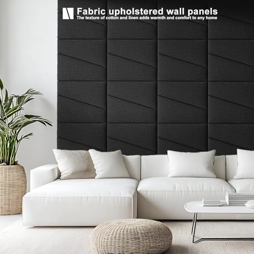 Fabric Upholstered Wall Mounted Headboard for King Bed Panels: Stick-On Headboard in Matte Black - Soundproof Padding for Bedroom & Living Room (8 Panels)
