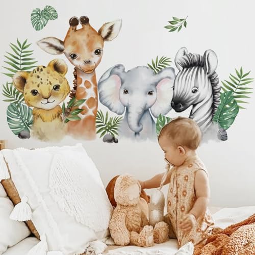 52.51x23.62 Inch Watercolor Jungle Animal Wall Decals Safari Forest Animal Wall Sticker Elephant Lion Monkey Decals for Baby Nursery Playroom Bedroom Classroom Kindergarten Decor