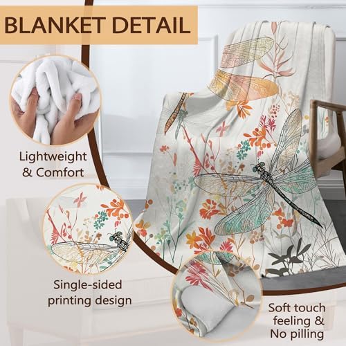 Fall Throw Blanket,Watercolor Dragonfly Throw Blanket for Couch Home Decor,Coloful Flowers Soft Plush Travel Blanket Lightweight,Cozy Throws for Couch,Bed,Naps,Reading60 X 80 Inch
