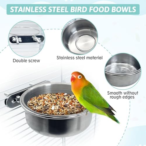 PINVNBY Stainless Steel Bird Bowl Parrot Food Water Bowl with Clamp Holder