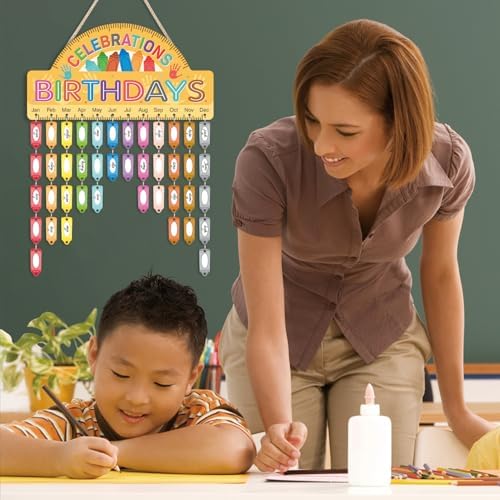 LHIUEM Crayon Birthday Bulletin Board Decorations Celebrate Birthday Chart Wood Flip Calendar(8”X16”) Happy Birthday Calendar Wall Hanging Classroom Pastel With 108pcs Pencils Names Tags for Primary