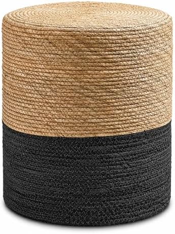 14" Boho Pouf Patio Ottomans Natural Straw Handweave Rustic Round Footstool