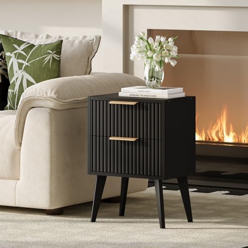 YAUKOMEL Fluted Nightstand with 2 Drawers,Black Bedside Table