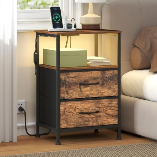 SONGMICS Nightstand with Charging Station, 2 Fabric Drawers