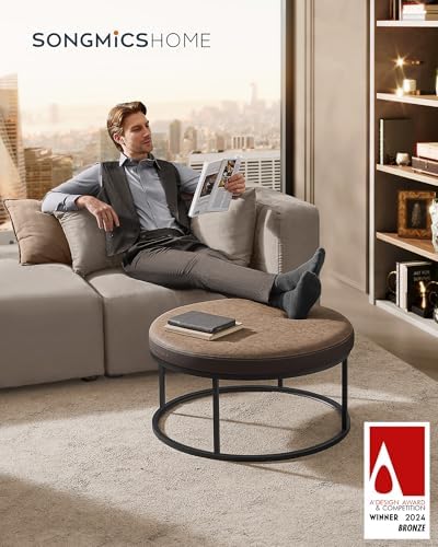 SONGMICS Home Ottoman, Round Coffee Table, Reversible Top, Steel Frame