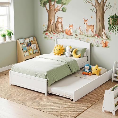 Daybed with Trundle, Twin Size Pull Out Bed, Solid Wood Extendable Day with Trundle Bed Twin, Include Slat Support (White, Trundle)
