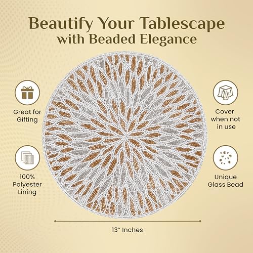 CLEENTABLE Round Beaded Placemats, Gold & Silver, 2-Pack